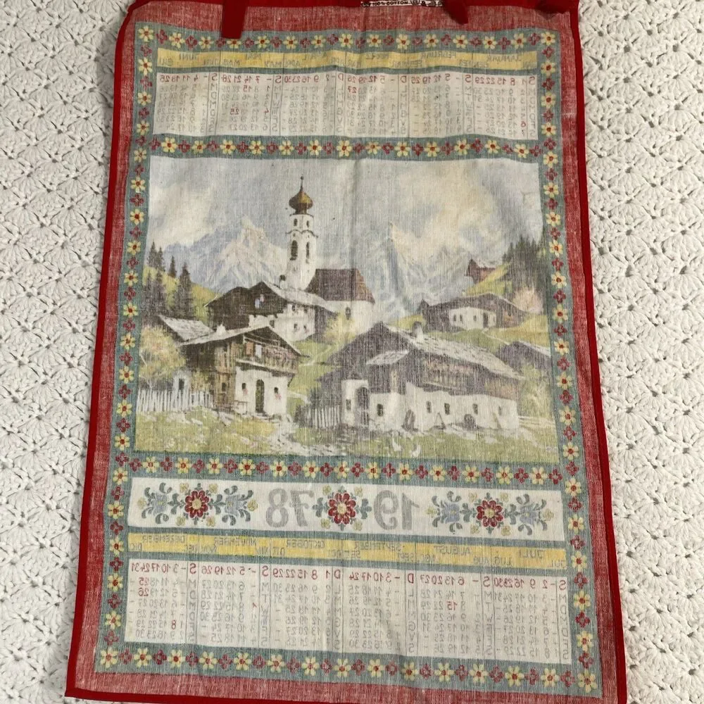 VTG 1978 Linen Tea Towel Calendar Wall Hanging Mountains Chapel Homes 15”x22”